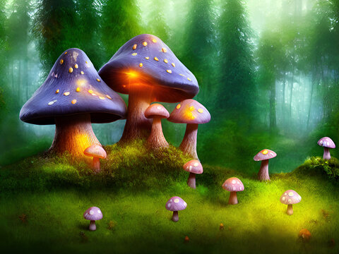 Fantasy mushroom cottages in magical forest
