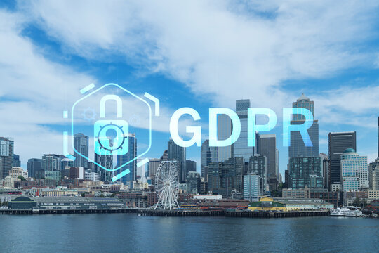 Seattle skyline with waterfront view. Skyscrapers of financial downtown at day time, Washington, USA. GDPR hologram, concept of data protection regulation and privacy for all individuals