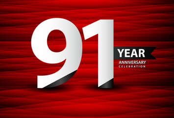 91 Year Anniversary Celebration Logo Vector On Red Background, 91 Number Design, 91th Birthday Logo, Logotype Number, Vector Anniversary For Celebration, Invitation Card, And Greeting Card