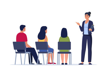 Woman trains newcomers to company. HR manager explains tasks, sets goals for interns. Staff management concept. Personnel training. Onboarding, orientation training on first day. Vector illustration.