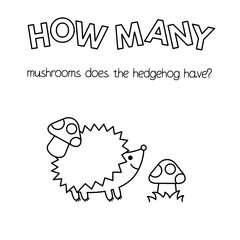 Cartoon hedgehog counting game. Vector coloring pages for children education. How many mushrooms does the hedgehog have