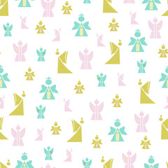 White with gold angels, seamless pattern background. Perfect for fabric, scrapbooking, quilting, wallpaper projects.