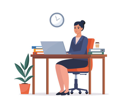 Office worker woman in a suit working on a laptop computer at her office desk. Flat style vector illustration.