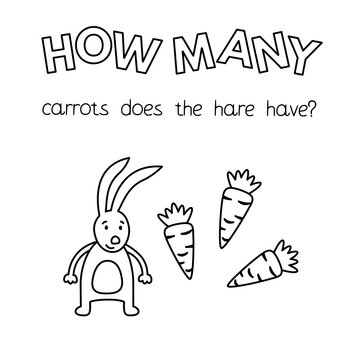 Cartoon hare counting game. Vector coloring pages for children education. How many carrots does the hare have