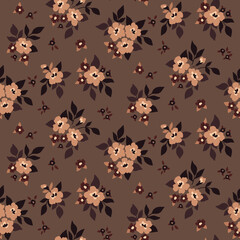 Seamless floral pattern, cute ditsy print with autumn vibe. Decorative art arrangement with small hand drawn flowers, leaves, pretty tiny bouquets on a brown background. Vector illustration.