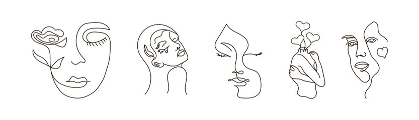 Modern abstract line minimalistic women faces arts set, postcard or brochure cover design. Different woman faces. One line art. Vector illustrations design