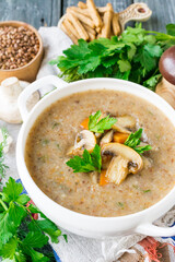 Buckwheat soup with mushrooms. Buckwheat puree soup with champignons. Mushroom soup with buckwheat. Cream soup with buckwheat and mushrooms