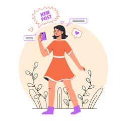 Female blogger making video or photo content. Vlogger girl, young content maker attract new followers flat vector illustration. Digital content maker character