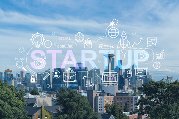 Seattle skyline panorama from Kerry Park. Skyscrapers of financial downtown at day time, Washington, USA. Startup company, launch project to seek and develop scalable business model, hologram