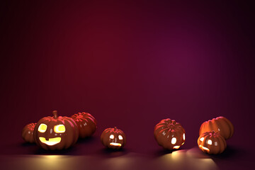 3d-illustration - scary and cut ceramic like pumpkins with glowing eyes. Halloween background with the pumpkin row. 3d rendering image.