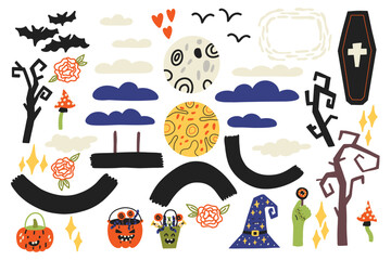Cute big set of Halloween accessories for decor. Halloween kids graphic. Cartoon flat vector 