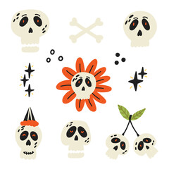 Cute Halloween Bone Skull Set. Halloween kids graphic. Cartoon flat vector 