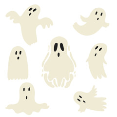 Cute Halloween ghost character set. Halloween kids graphic. Cartoon flat vector 