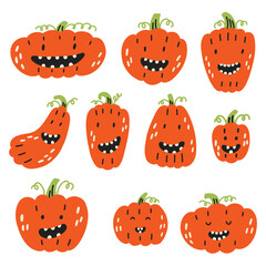 Cute orange Halloween pumpkin set. Halloween kids graphic. Cartoon flat vector 