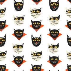 Fotobehang Faces Halloween black cats mummy vampire pattern. Halloween kids wallpaper, digital paper. Cartoon flat vector repeat background © Anna Drozdova