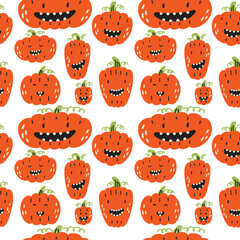 Orange pumpkin characters Halloween pattern. Halloween kids wallpaper, digital paper. Cartoon flat vector repeat background
