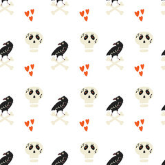 Raven skull Halloween pattern. Halloween kids wallpaper, digital paper. Cartoon flat vector repeat background
