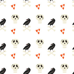 Obraz premium Raven skull Halloween pattern. Halloween kids wallpaper, digital paper. Cartoon flat vector repeat background