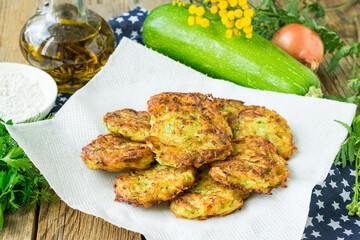 Fried potato pancakes and zucchini on a plate. National Belarusian dish of draniki. Potato pancakes with zucchini