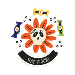 Spooky skull flower with candy. Sweet with evil eye. Halloween kids graphic. Cartoon flat vector 
