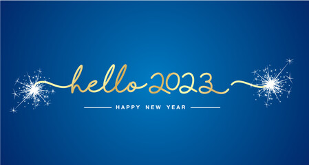 Hello 2023 New Year gold handwritten line design typography white sparkle firework on blue background banner © simbos