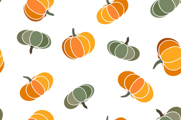 Vector cartoon illustration, hello autumn. Seamless pattern with cozy orange pumpkins, green pumpkin leaves. Thanksgiving day background. Hygge time. Halloween party kitchen linen decor with squash, - 531495144