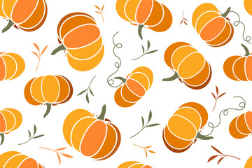 Vector cartoon illustration, hello autumn. Seamless pattern with cozy orange pumpkins, green pumpkin leaves. Thanksgiving day background. Hygge time. Halloween party kitchen linen decor with squash, - 531495195
