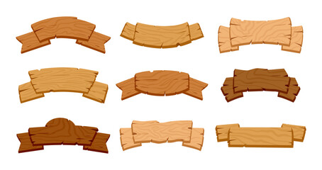 Wooden rustic ribbon sign, cartoon vintage sign boards. Blank ribbon planks, wooden vintage banners, wood pathfinding signs flat vector illustrations set. Retro wooden pointers collection
