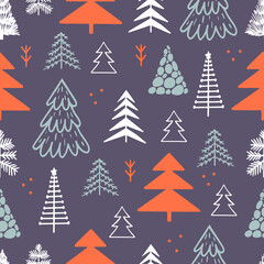 Christmas tree seamless pattern. Xmas noel season background, holiday decoration cloth print. Doodle grunge fir trees, neoteric vector printable texture