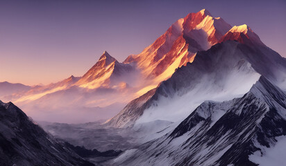Sunset view of the Himalayas near the Himalayan mount mt Everest - Beautiful and dramatic sky with the peaks of the mountain rage rising above the rolling fog. - obrazy, fototapety, plakaty