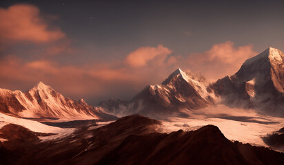 Fototapeta na wymiar Sunset view of the Himalayas near the Himalayan mount mt Everest - Beautiful and dramatic sky with the peaks of the mountain rage rising above the rolling fog.