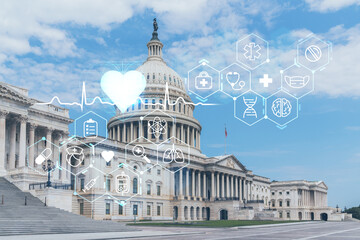 Fototapeta na wymiar Capitol dome building exterior, Washington DC, USA. Home of Congress and Capitol Hill. American political system. Health care digital medicine hologram. The concept of treatment and disease prevention