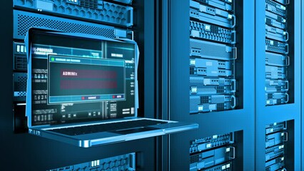 Virus detected Warning Error Alert Text on Computer Screen Entering Login And Password on server racks. internet cyber security. Hacking attack and virus detection spyware malware internet data fraud