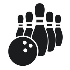 A bowling ball and a group of pins silhouette.