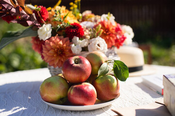 Red apples are on the table in a plate near small pumpkins