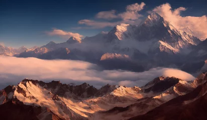 Wall murals Himalayas Sunset view of the Himalayas near the Himalayan mount mt Everest - Beautiful and dramatic sky with the peaks of the mountain rage rising above the rolling fog.