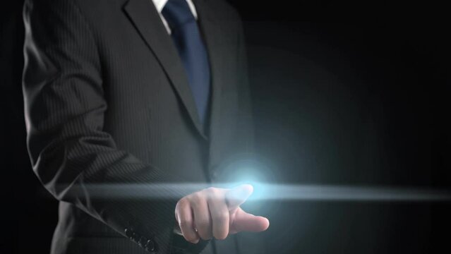 Businessman show hologram of programming coding allusive technology. Virtual augmented reality generated by 3D rendering motion graphic and animation to create futuristic HUD .