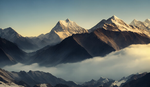 Sunset view of the Himalayas near the Himalayan mount mt Everest - Beautiful and dramatic sky with the peaks of the mountain rage rising above the rolling fog.