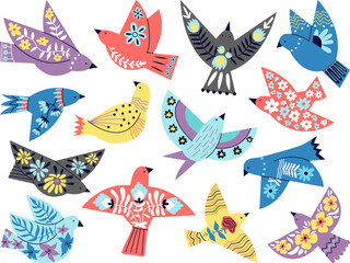Folk abstract birds. Modern styled bird decorative elements. Swedish scandinavian dove decorated flowers and branches. Decent vector flying silhouettes design © MicroOne