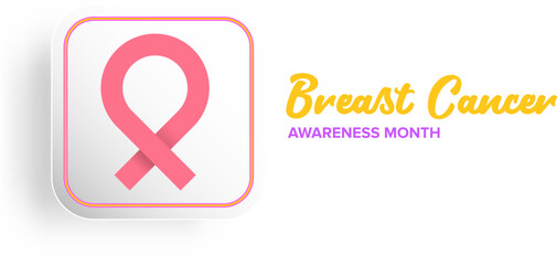 Breast cancer awareness month concept horizontal banner design template with pink ribbon and text isolated on white background. October is Breast cancer awareness month vector flyer or poster