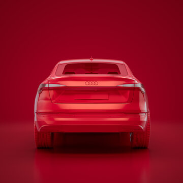 Red Audi Etron Sportback. Monochrome Single Color Red Car From Back View, 3D Rendering