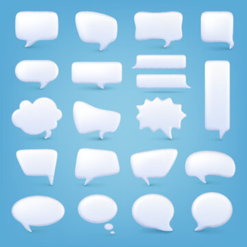 White bubble shapes 3d. Different message balloons and squares. Dialogue speech bubbles empty templates. Blank quote or thought pithy chat vector elements