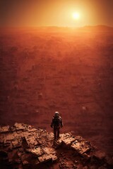Astronaut stands on the edge of a cliff. Mars exploration. Back view of astronaut wearing space suit walking on a surface of a red planet. Ancient alien ruind In the distance