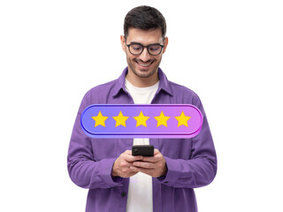 Five star rating icon and male customer giving excellent feedback via phone app - 531496334