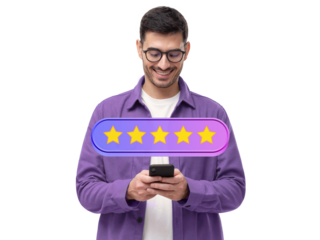 Five star rating icon and male customer giving excellent feedback via phone app