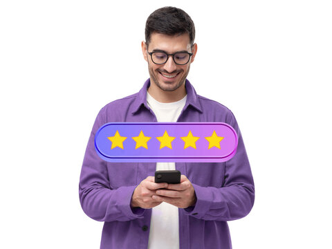 Five star rating icon and male customer giving excellent feedback via phone app