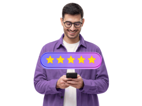 Five star rating icon and male customer giving excellent feedback via phone app