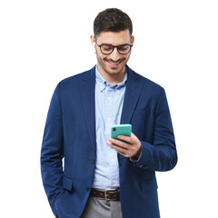 Young businessman dressed in blue blazer and shirt, wearing glasses, looking at phone