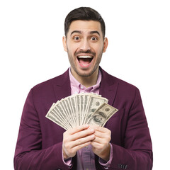 Successful excited man in suit holding bunch of money cash