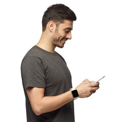 Side portrait of handsome man wearing smartwatch looking at phone screen